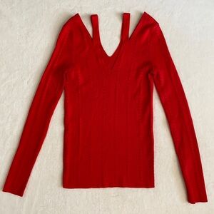 Sandro Paris | Nolwene Eyelet Detail Cutout Ribbed Cold Shoulder Sweater Red (1)